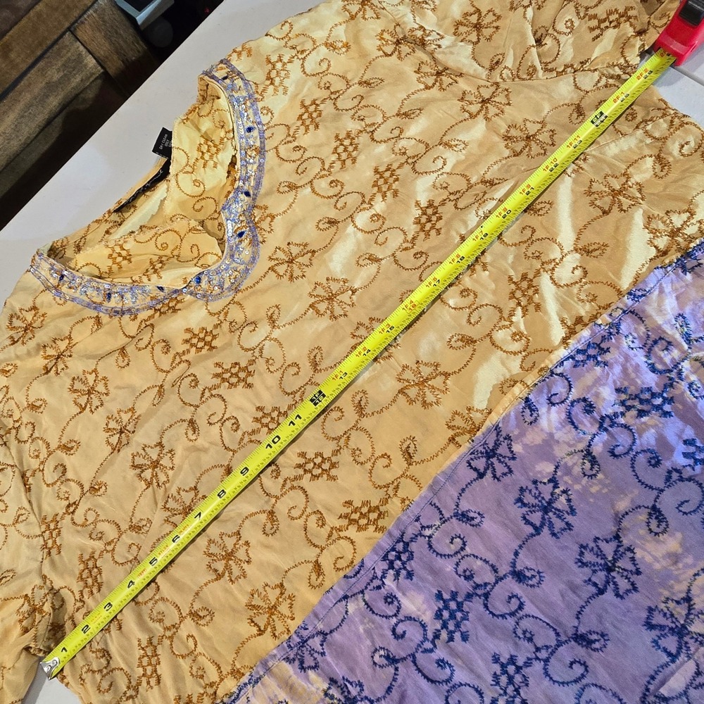 Speed Limit NYC Womens 3X Silk Tunic Top Yellow Purple Embroidered Sequin Boho - Picture 10 of 12